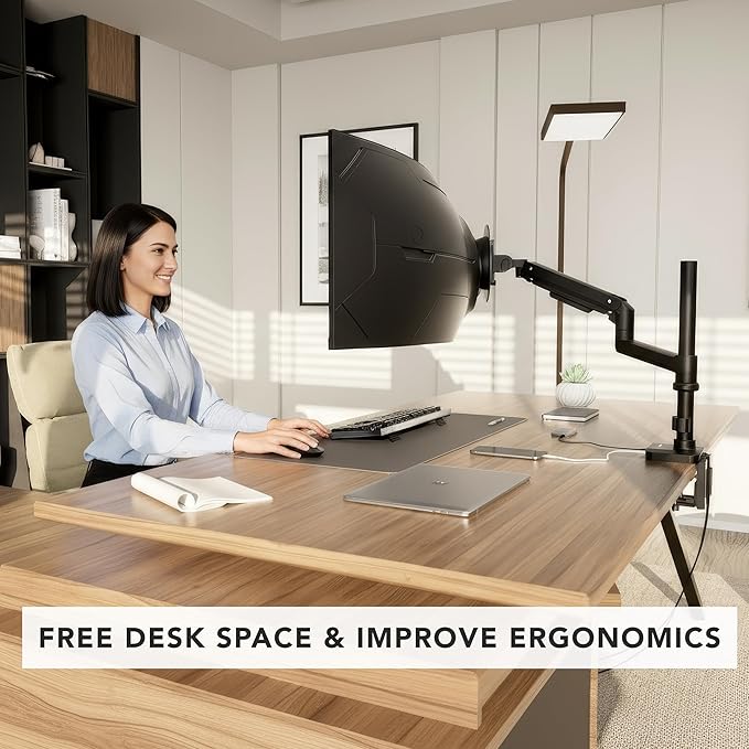 Mount-It! Proflex Series Height-Adjustable Ultrawide Monitor Arm with Pole, Fits 17–49” Screens, Gas Spring, 44 lbs Capacity, USB-C & USB 3.0 Ports, Full Motion, VESA 75/100, Clamp or Grommet