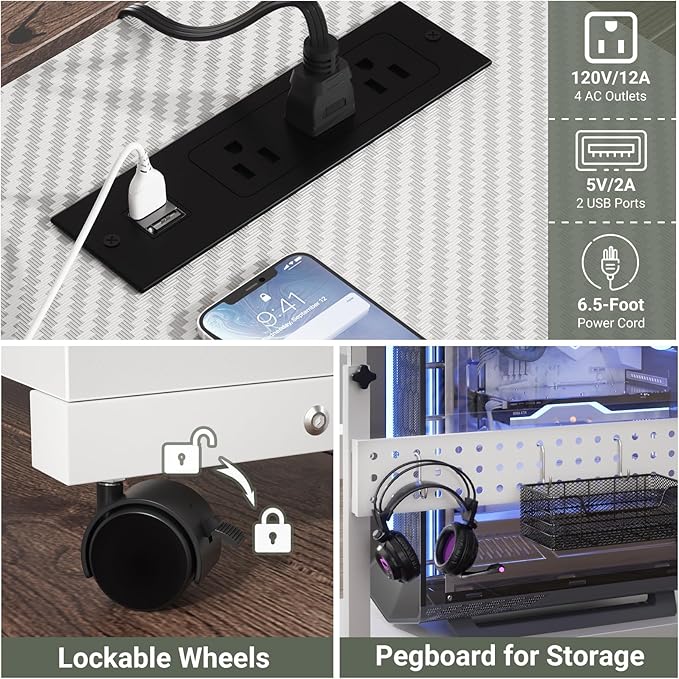 32" Large Computer Tower Stand with Power Strips, 4 Levels Manual Height Adjustable PC Tower Stand for Under Desk, Mobile Rolling CPU Holder Computer Cart with Wheels, Carbon Fiber White