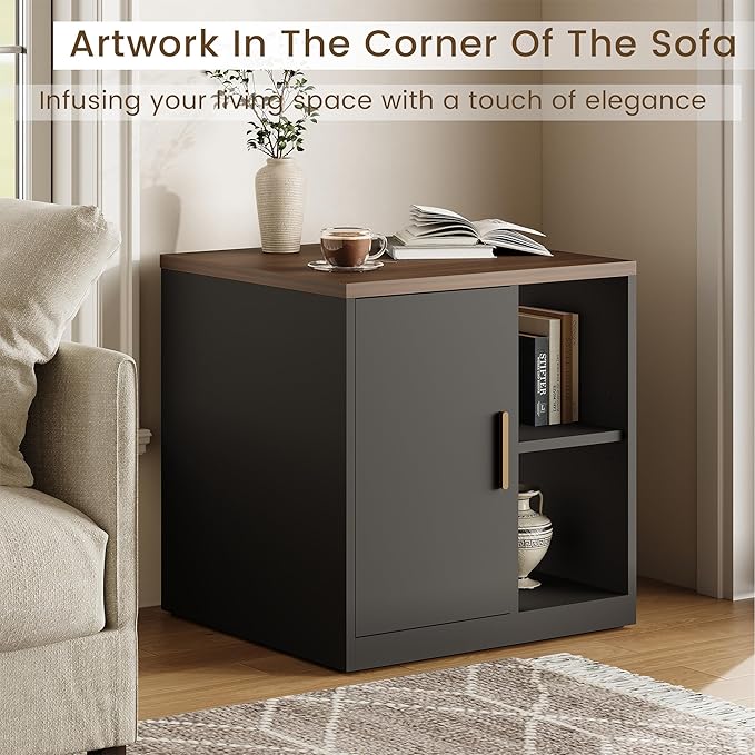 File Cabinet Under Desk Storage Cabinet with Door, Printer Stands with Open Adjustable Shelves, 23" Tall End Side Table for Office, Living Room, and Study, Black Walnut