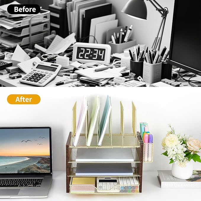 OPNICE Gold Desk Organizers and Accessories,4-Tier Desktop File Organizer with Drawer, Wood Paper Organizer with 5 Vertical File Holders and Pen Holder for Office Supplies