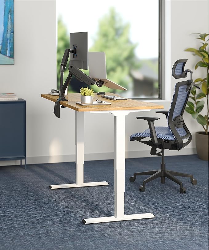 FlexiSpot E6 Bamboo 3-Stage Dual Motor 72 x 30 Electric Standing Desk Sit Stand Up Desk, Holds 220 lbs, Adjustable Height w/ Memory Presets, Solid Bamboo Desktop & White Frame, Ships in 2 Boxes