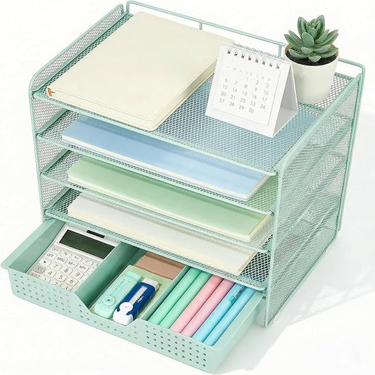 Desk Organizer and Accessories, 5-Tier Paper Letter Tray Organizer with Drawer & 2 Pen Holders for Desktop File Organization, Office Desk Accessories for Supplies Storage (Green)