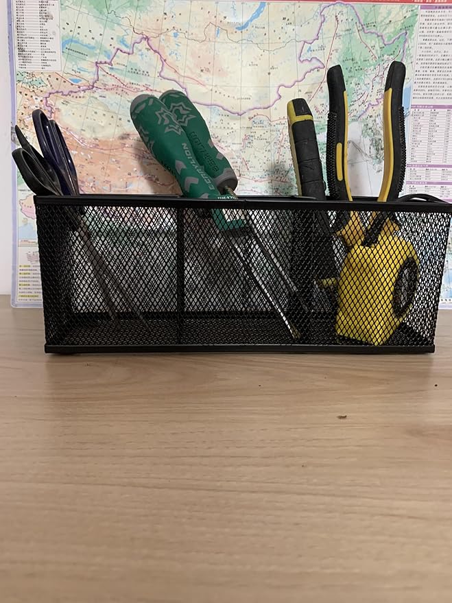 Pencil Holder, Metal Mesh Pen Holder Desk Organizer 3 Compartments for Office School Home Supplies or Accessories,Kitchen Utensil,Small 10.43 x 3.3 x3x4 inch, Black(2pc pack)