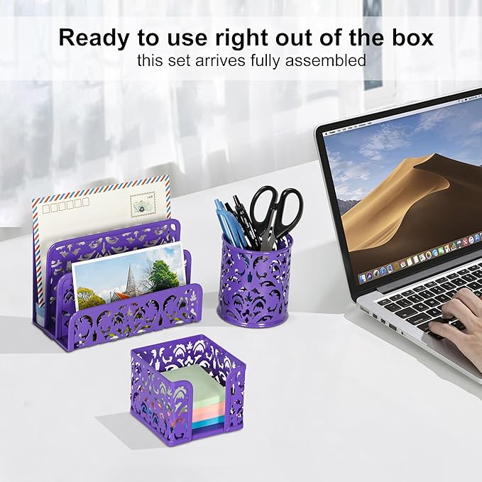 EasyPAG Desk Organizers and Accessories 3 Pieces Office Organizer Set - Pen Holder for Desk, Mail Sorter Countertop and Sticky Note Holder, Purple