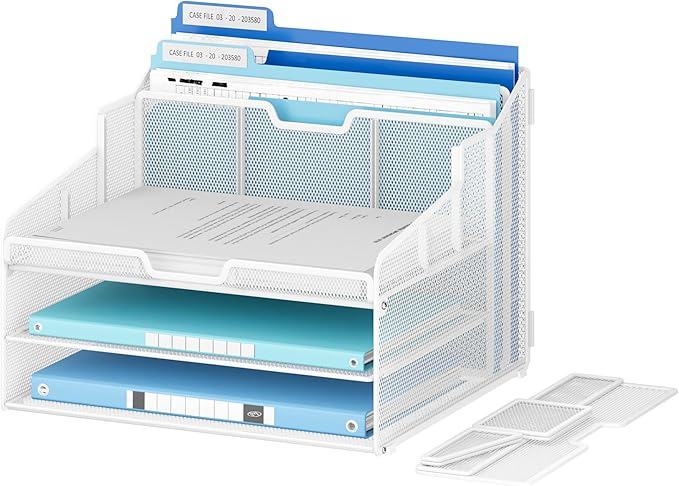 Lavatino Desk Paper File Organizer - Metal Mesh with 2 Letter Trays, 7 Flexible Dividers, 2 Vertical File Folder Holders for Office/Home/Classroom Supplies, Desk Organizers and Accessories, White