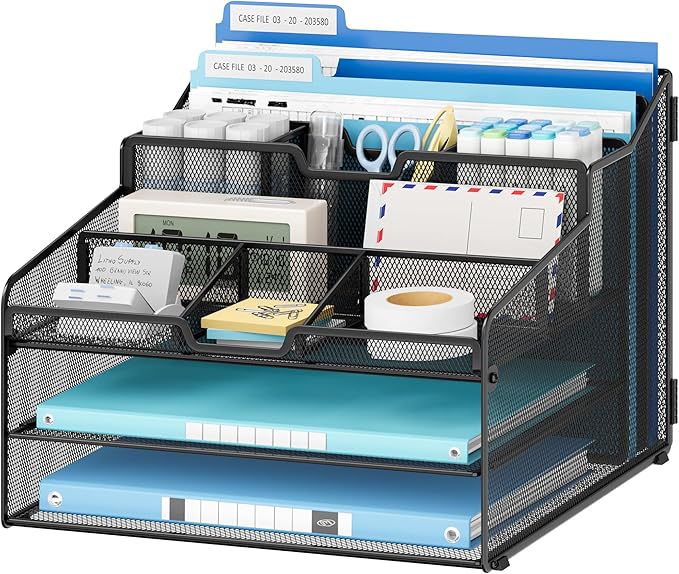 Lavatino Desk Organizer - Metal Mesh with 2 Paper Letter Trays, 7 Flexible Dividers, 2 Vertical File Holders for Office/Home/Classroom Supplies, Desk Organizers and Accessories, Black