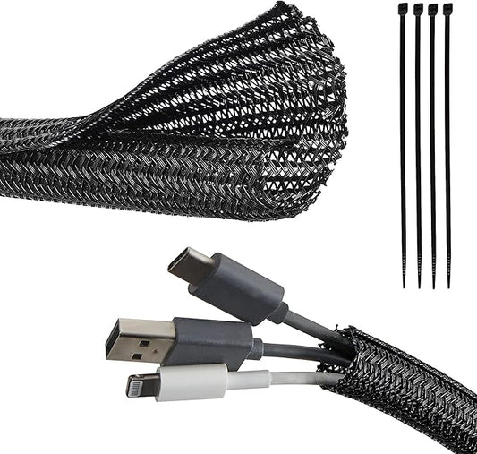 RED WOLF Cable Sleeves Cord Management Braided Wire Loom Split Sleeving 3/8 Inch x 10 FT Protector Wiring Cable Cover Flexible Self-Wrap for Automotive Home Office Anti-Scratch High-Temperature Black