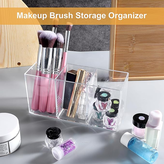 5 Pack Acrylic Pen Pencil Holder - 3 Compartment Clear Pencil Pen Organizer for Office Home Supplies Desk Accessories