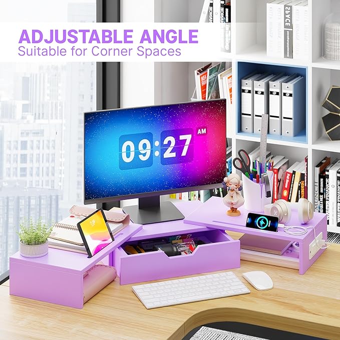 Elephance Dual Monitor Stand with USB Ports,Wood Computer Monitor Stand with Drawer,Adjustable Monitor Stand Riser,Desk Organizer for PC,Computer,Laptop,Purple Pink