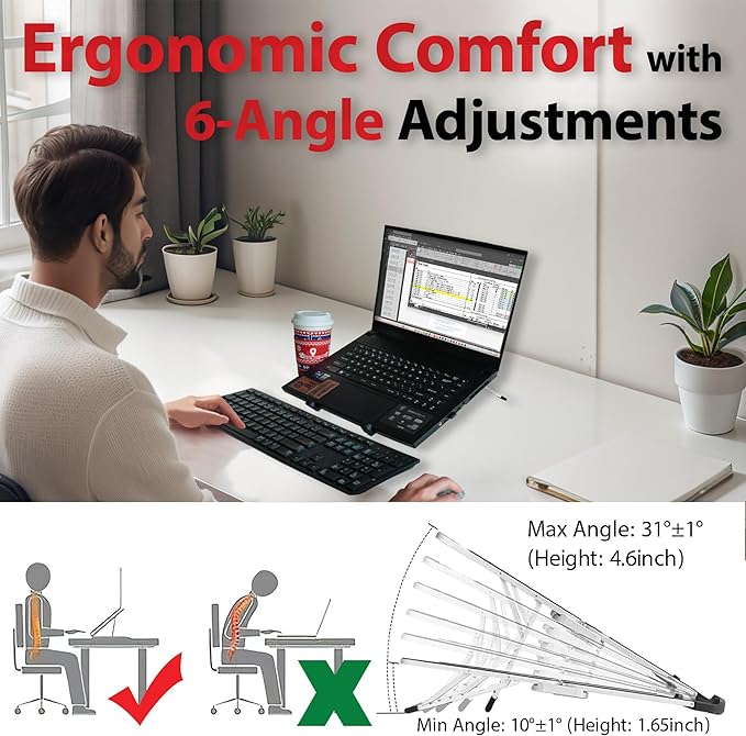 Portable Laptop Stand, Foldable Laptop Stand for Desk and Travel, Ergonomic 6-Level Angle Adjustable Computer Riser, Compact ABS Holder Compatible with All Lap Tops and iPad (10-15.6")