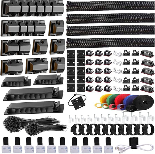 ELII 327 PCS Cable Management Kit 4 Cable Cable Sleeves,65 Cable Clips with 13Cord Holders,25 Roll Cable Organizer Straps,200 Fastening Cable Ties,20 Cable Zip Tie Mounts for Computer (Black)