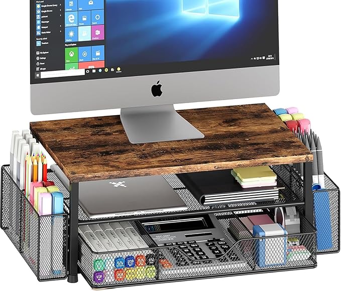 OPNICE Desk Organizers and Accessories, 2-Tier Computer Monitor Stand Riser with Drawer and 2 Pen Holders, Laptop Stand, Office Desk Accessories for Office Supplies, Brown