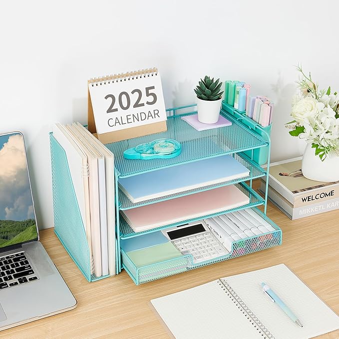 OPNICE Desk Organizer, 4-Tier Desktop File Organizer with Drawer and 2 Pen Holders, Office Desk Accessories, File Sorters, Workspace Organizers for Office Supplies(Teal Blue)