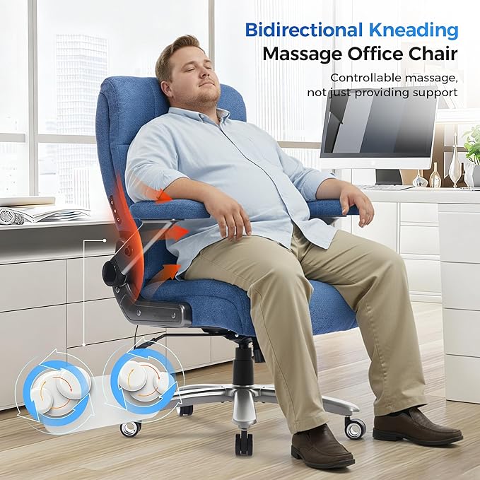600LBS Big and Tall Massage Office Chair, Extra Wide Seat - 3D Kneading Massage & Heat Office Chair with Heavy Duty Metal Base, 3D Flip Arms, Fabric Ergonomic with Thick Spring Cushion