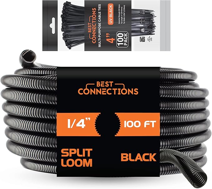 BEST CONNECTIONS 100 Ft – 1/4" Diameter Split Wire Loom Flex-Guard Convoluted Tubing with 100 Pcs x 4" Nylon Cable Zip Ties – Protective Split Cable Sleeves/Conduit – Black