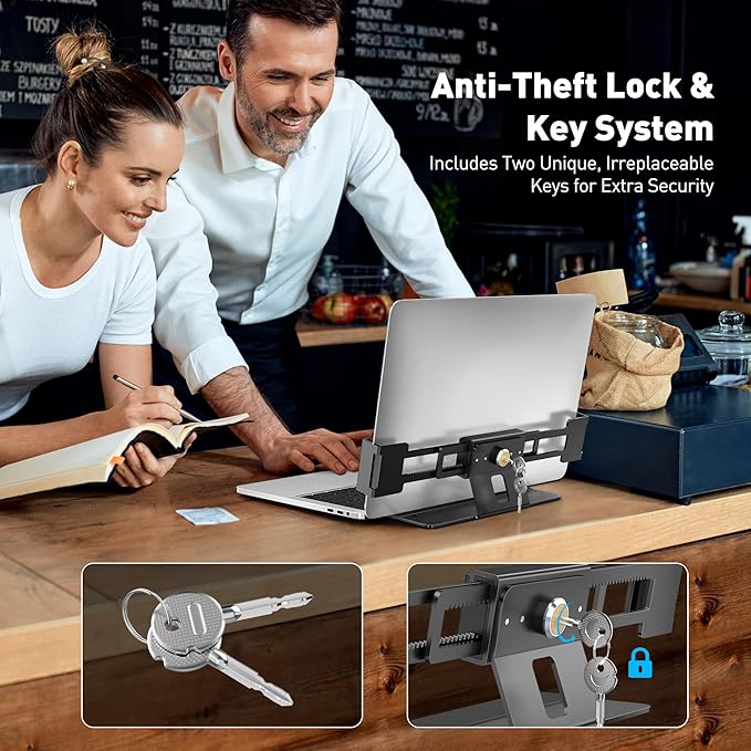 AboveTEK Laptop Locking Station, Premium Aluminum MacBook Security Lock with High-Security Copper Cylinder, Anti-Theft Computer Lock for All 11"-17" No-Slot Notebooks, Non-Slip Base for Public Spaces