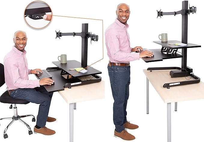 Stand Steady Techtonic Electric Standing Desk Converter wIth Dual Monitor Mount, 2 Screen Support, Quiet Sit-Stand Desk with Button Control, Keyboard Tray, Ideal for Gaming & Computer Work (Black)