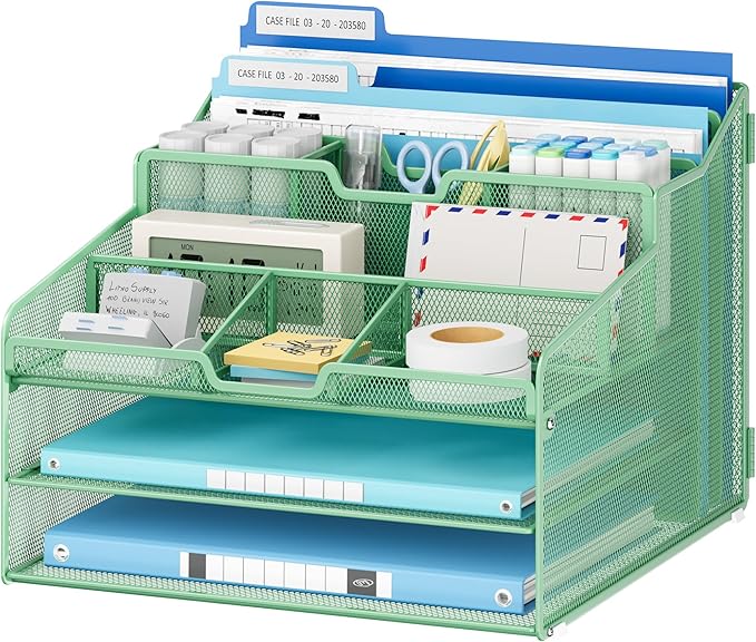 Lavatino Desk Paper File Organizer - Metal Mesh with 2 Letter Trays, 7 Flexible Dividers, 2 Vertical File Folder Holders for Office/Home/Classroom Supplies, Desk Organizers and Accessories, Green