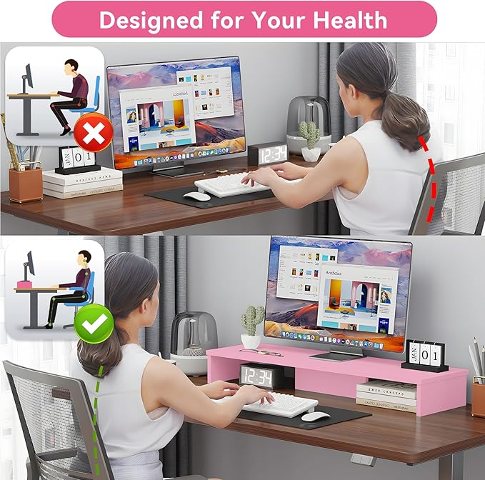 Dual Monitor Stand Riser, Large Computer Monitor Stand for Desk, Monitor Riser for 2 Monitors, Wood Desk Shelf for Top of Desk, Desktop Organizer for Computer, Laptop, Printer, TV, Pink