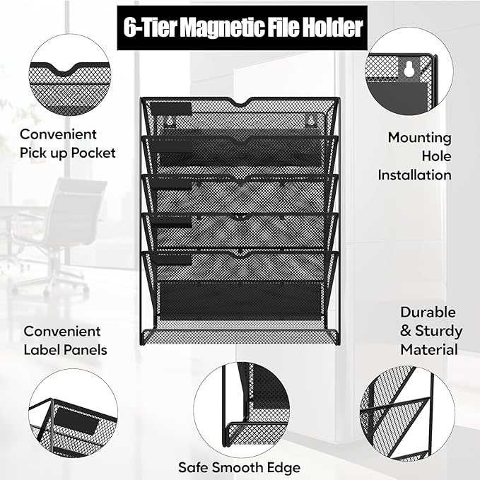 6-Tier Magnetic File Holder, No Drilling Installation File Cabinet Organizer,Black Magnetic File Holders, Magnetic Paper Holder for Refrigerator,File Cabinets, Whiteboard