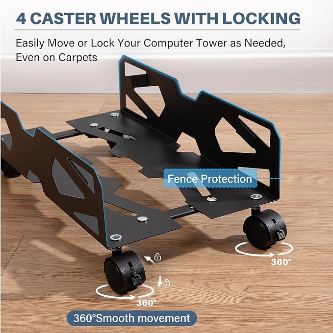 Adjustable Computer Tower Stand, Ventilated PC Tower Stand with 4 Caster Wheels,Mobile Under Desk CPU Holder, PC Cart, Computer Riser for Most Gamers and Students