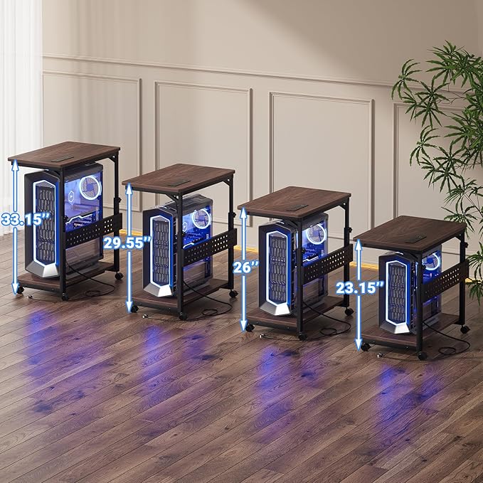 Computer Tower Stand with Power Strips, 4 Levels Manual Height Adjustable PC Tower Stand for Under Desk, Mobile Rolling CPU Holder, Computer Cart with Wheels, 24", Black Walnut