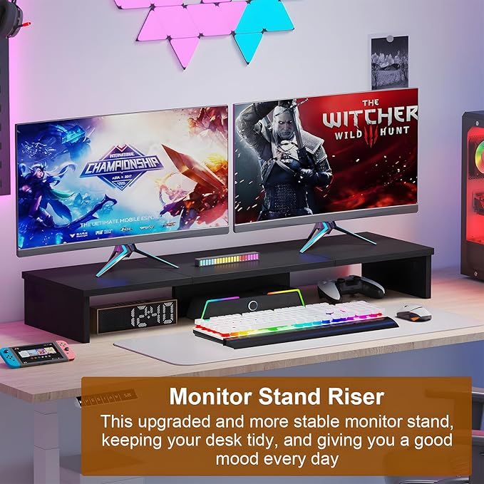 Dual Monitor Stand Riser, Large Computer Monitor Stand for Desk, Monitor Riser for 2 Monitors, Wood Desk Shelf for Top of Desk, Desktop Organizer for Computer, Laptop, Printer, TV