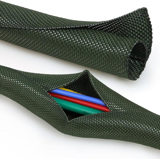 Split Braided Cable Sleeve，Flexible Wire Loom Tubing, Automotive Cord Protector Pet Proof, Cable Management for Computer TV Electric Wires Harness 16ft (Dark Green, 5mm（3/16")