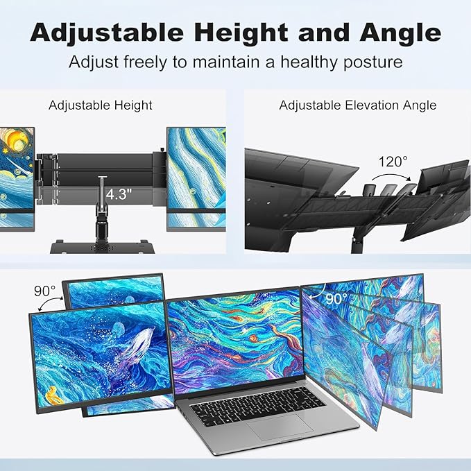 DEPGI 14" Laptop Screen Extender Built-in Cooler, 1200P FHD One Cable Connect Portable Triple Monitor, Dual Screen Monitor Fits 13"-17.3" Laptop with Stand for MacOS/Windows