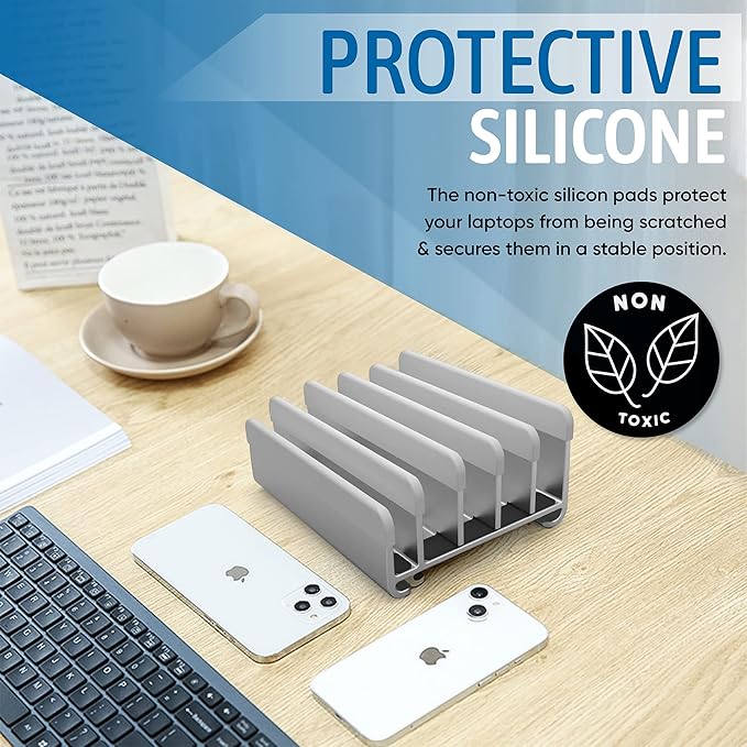 Elestoria 5- Slot Vertical Laptop Stand - Aluminum Laptop Stand Vertical for Desk - Adjustable Width (12-38mm) Fits MacBook Pro/Air, Surface & Gaming Laptops upto 17.3" - Heavy Duty Laptop Holder-Grey