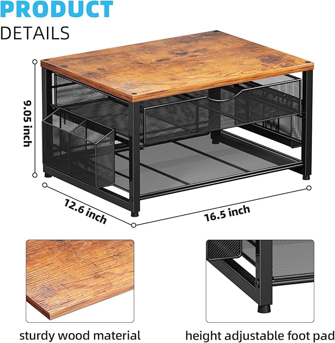 Marbrasse Wood Printer Stand for Desk, 2-Tier Desktop Printer Table for Home Office, Printer Stand with Storage Drawer 2 Pen Holders, Multi-Purpose Desk Organizer for Fax Machine Scanner(Wood Brown)