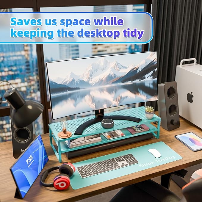 Simple Trending 2 Tier Metal Dual Monitor Stand Riser, Computer Office Desktop Organizer for 2 Monitors with 32"x10" Mouse Pad for Laptop, Printer, TV, Blue