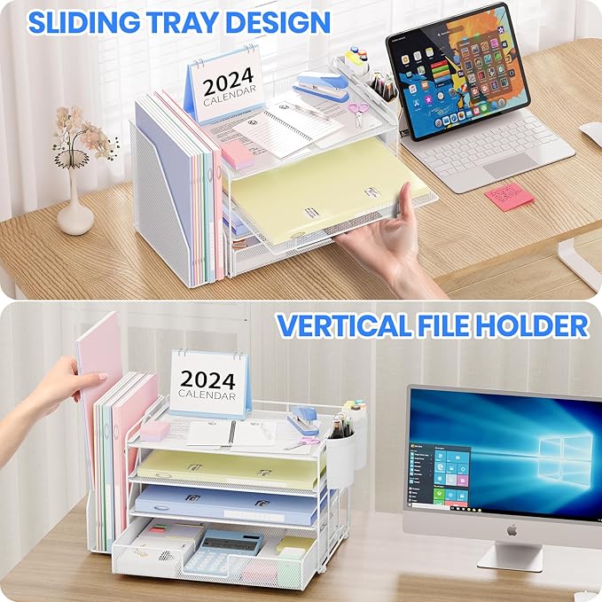 OPNICE Desk Organizer, 4-Tier Desktop File Organizer with Drawer and 2 Pen Holders, Office Desk Accessories, File Sorters, Workspace Organizers for Office Supplies(White)