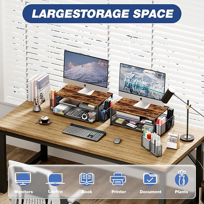 OPNICE Desk Organizers and Accessories, 2-Tier Computer Monitor Stand Riser with Drawer and 2 Pen Holders, Laptop Stand, Office Desk Accessories for Office Supplies, Brown