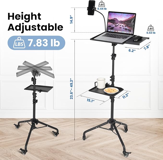 Garvee Projector Tripod Stand with Wheels, Laptop Tripod Projector Stand with 2 Shelves Mouse Tray Phone Holder, Adjustable Height 23 to 49 Inch Tripod, Portable Tripod Stand Office Home
