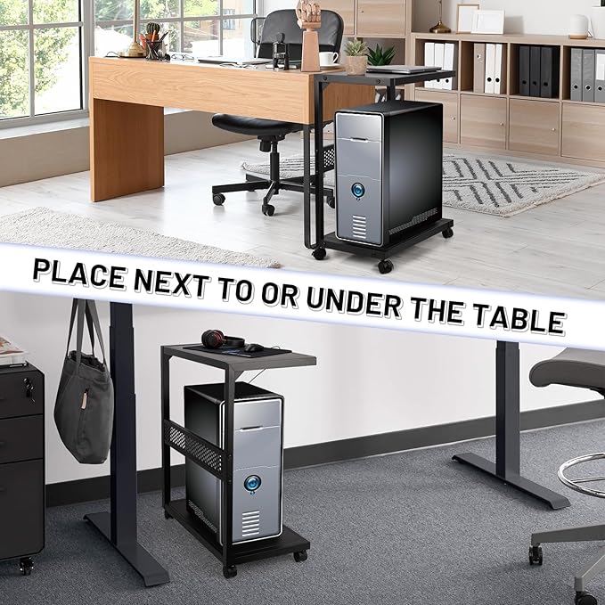 Large PC Stand Computer Tower Stand 2-Tier Metal CPU Holder with Locking Caster Wheels Suitable for Most PC (Black,XL)