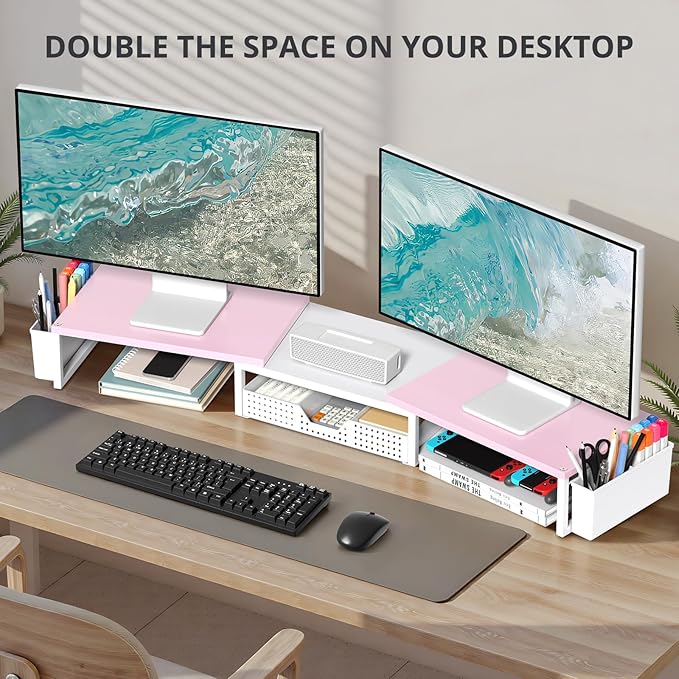 OPNICE Wood Desk Organizers and Accessories, Dual Monitor Stand Riser with Drawer and 2 Pen Holders, Desk Shelf Computer Racks for Office Workspace Organizers, Desktop Organization (Pink＆ White)