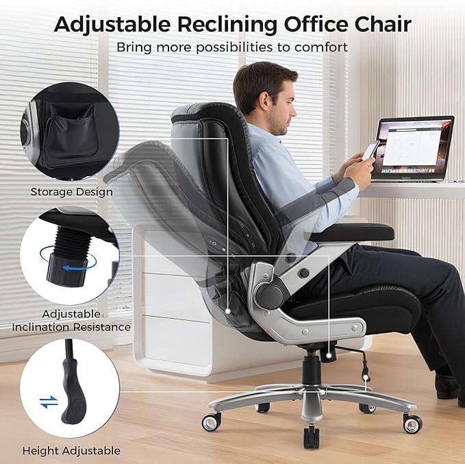 600LBS Big and Tall Massage Office Chair, Extra Wide Seat - 3D Kneading Massage & Heat Office Chair with Heavy Duty Metal Base, 3D Flip Arms, Leather Ergonomic with Thick Spring Cushion