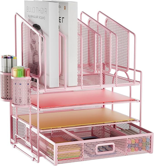 Marbrasse Desk Organizers, 4-Tier Mesh Desk File Organizer with 5 Vertical File Holders and 2 Pen Holders, Multifunction Desktop Organizer,Desk Organizers and Accessories for Home Office (Pink)