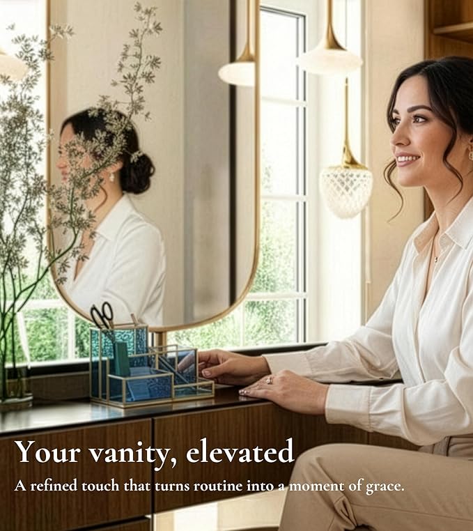 FONDAZZA 5-Compartment Desk Organizer for Home Office Supplies, Gold Brass with Blue Glass, Workspace Storage for Stationery, Cosmetic, Makeup Tools and Brush.