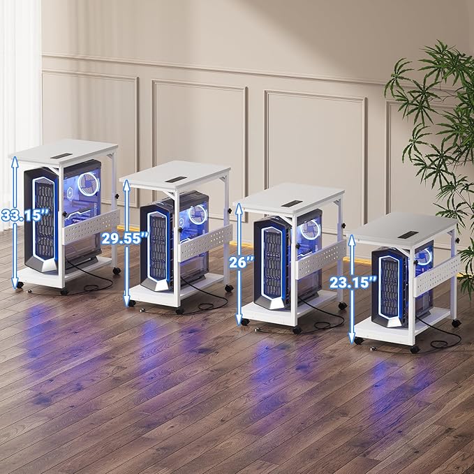 Computer Tower Stand with Power Strips, 4 Levels Manual Height Adjustable PC Tower Stand for Under Desk, Mobile Rolling CPU Holder, Computer Cart with Wheels, 24", Carbon Fiber White