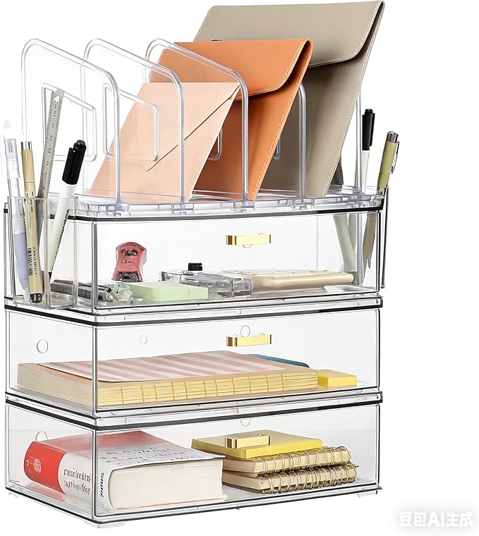 Acrylic Desk Organizer with 4-Vertical File Holder Rack, 3-Clear Drawer and 2 Pen Holders, Desktop Storage for Office Desk Accessories School Classroom Organization (Clear)
