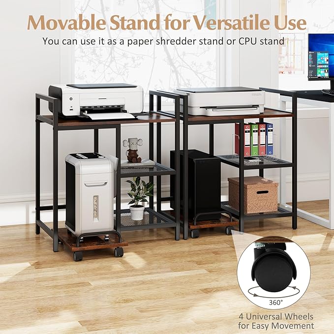 Giantex 3-Tier Printer Stand with Charging Station, 2 Open Storage Shelves, Side PC Stand on Wheels, 25" x 16" Mobile Printer Table for Computer Tower, Printer Shredder, Fax, Under Desk, Home Office