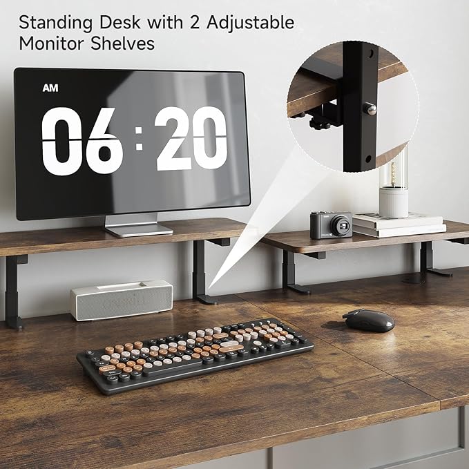 ONBRILL Standing Desk with 2 Adjustable Monitor Shelves, 63 x 24 Inches Electric Stand Up Desk with Memory Controller and Adjustable Height from 28-46 inches for Computer Workstations, Rustic Brown