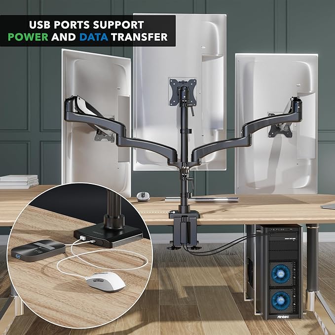 Mount-It! Triple Monitor Mount with USB and Audio Ports, 3 Monitor Desk Mount with Gas Spring Arms for Easy Height Adjustment, Full Motion Design Supports Computer Monitors Up to 32", Black