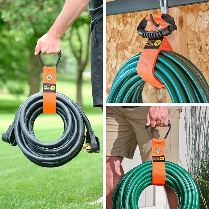 Easy-Carry Wrap-It Storage Straps - 22” (2-Pack) Blaze Orange with Grommet - Extension Cord Storage Holders and Carrying Straps for Garden Hose Storage