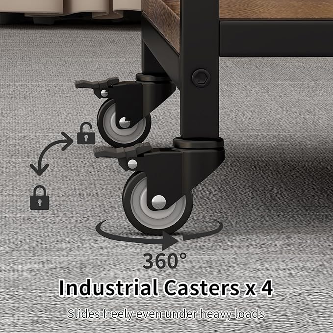 2 Tier Under Desk Printer Stand, Large Printer Table with Height Adjustable Shelf, Rolling Printer Cart with Industrial Wheels for Home Office, Scanner Fax (Rustic Brown)