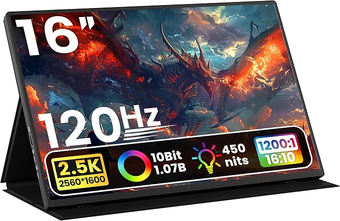Portable Monitor 16" 2K QHD 2560X1600 450 Nits 106% sRGB 120Hz IPS HDR HDMI USB-C Travel Monitor for Laptop Mac PC Surface PS5 Xbox, External Display with Cover & Speakers, VESA Compatible