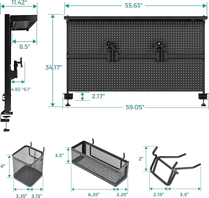 EUREKA ERGONOMIC Desk Pegboard with Dual Monitor Stands, LED Metal Pegboard for Gaming Desk, Privacy Panel with 4 Accessories Modular Hanging, Computer Accessories for Office, 59 x 34 Inch, Black