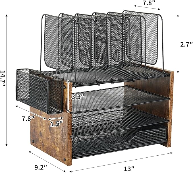 OPNICE Wood Desk Organizers and Accessories, 4-Tier Workspace Desktop Paper Organizer with Drawer, 5 Vertical File Holders and Pen Holder for Office Supplies